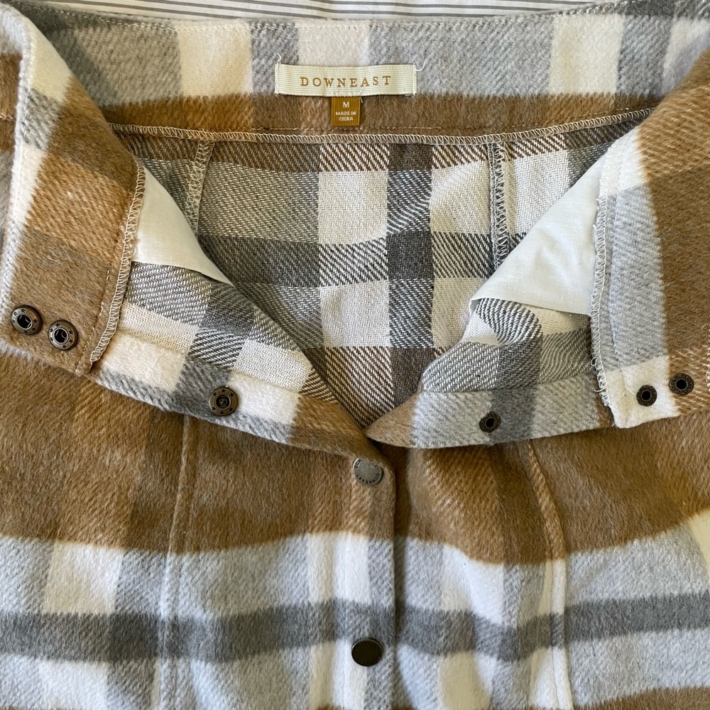 Brown/Gray/Cream Plaid Wool Blend Snap Down A line Mini Skirt size M - Picture 4 of 7